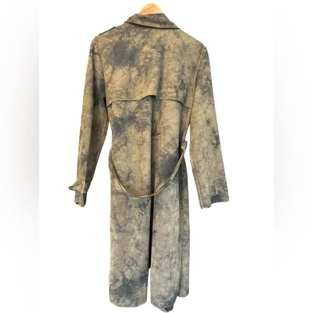 NWT Anthropologie Roxie Sueded Tie Dye Trench Coat Brown Black Tie Waist Size M